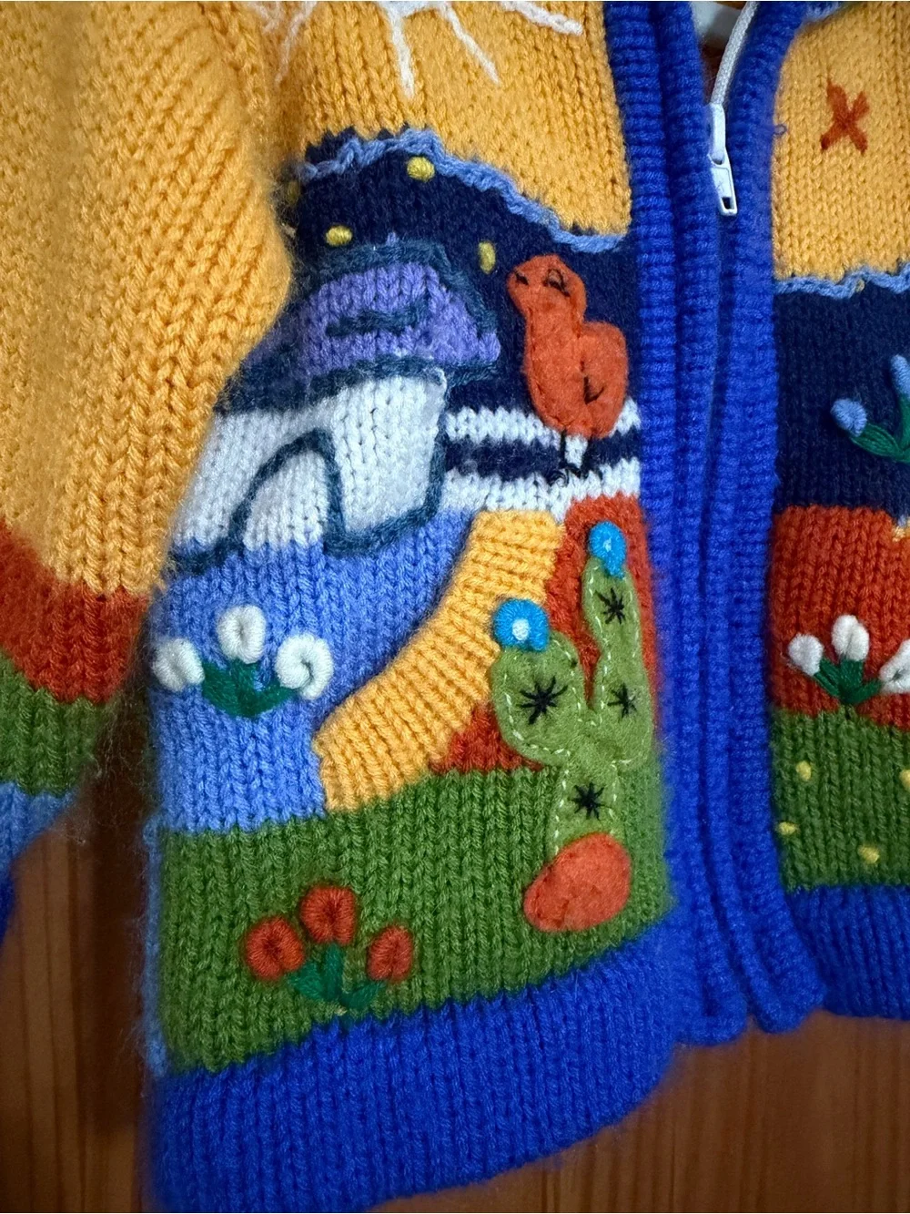 Handmade in Peru Knit Llama Cactus Colorful Kids Zip Hooded Cardigan